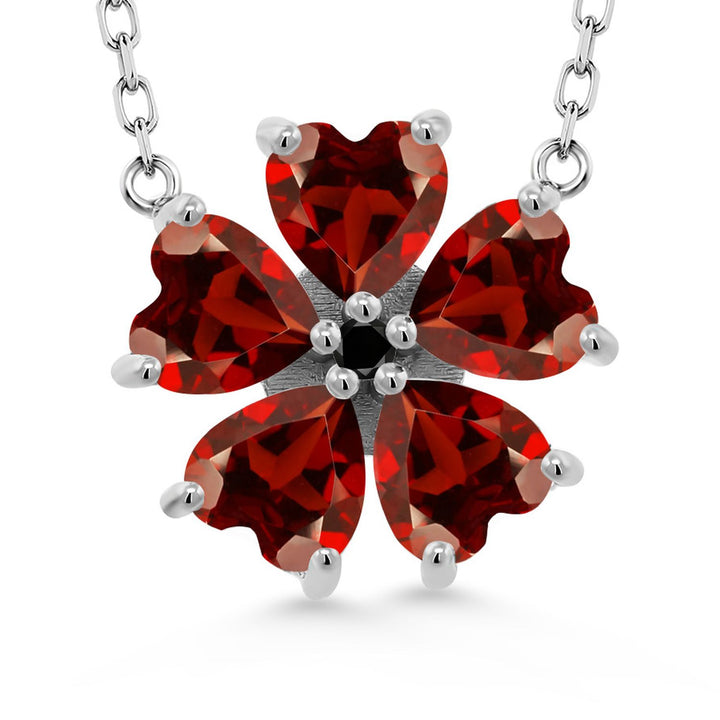 Gem Stone King 925 Sterling Silver Gemstone Birthstone and Black Diamond Flower Pendant Necklace for Women | Heart Shape 6MM Petals and Round 2MM Center | With 18 Inch Chain | Fine Jewelry for Her Mom Wife