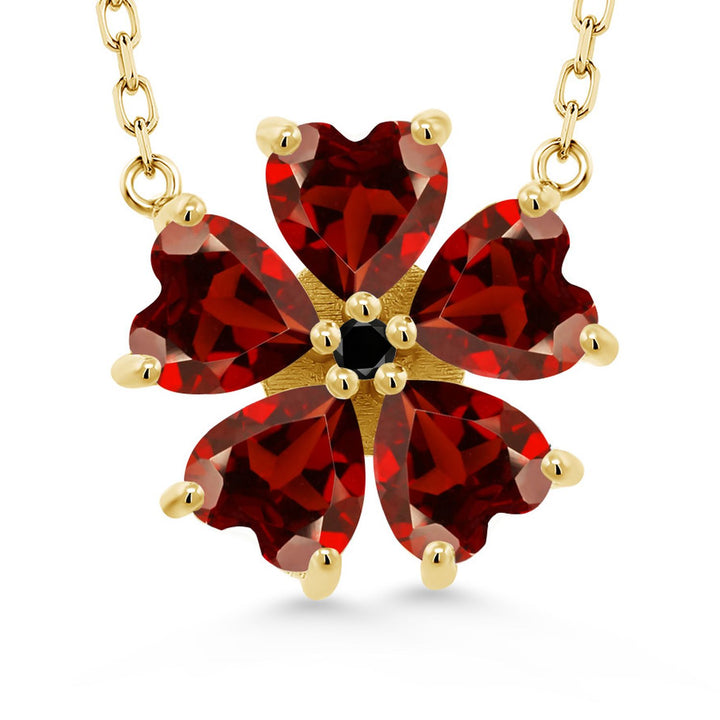 Gem Stone King 925 Sterling Silver Gemstone Birthstone and Black Diamond Flower Pendant Necklace for Women | Heart Shape 6MM Petals and Round 2MM Center | With 18 Inch Chain | Fine Jewelry for Her Mom Wife