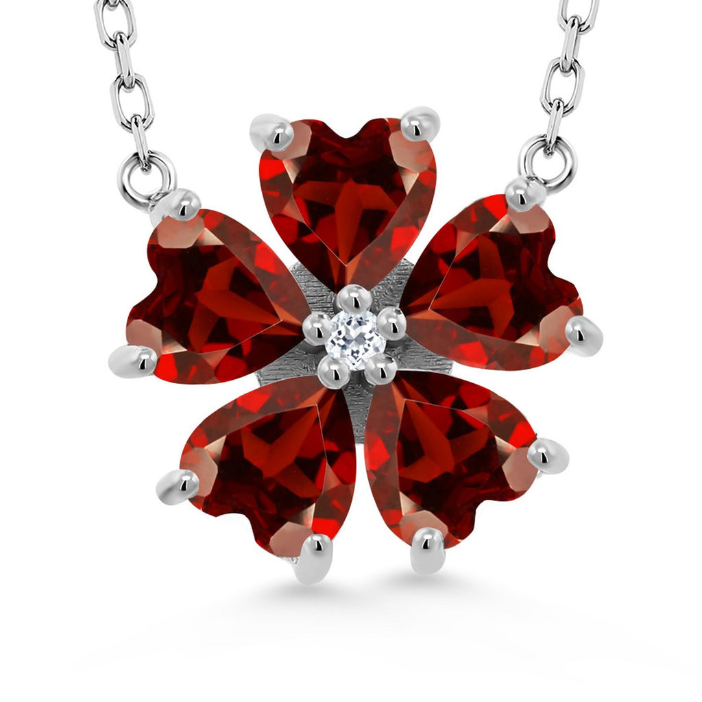 Gemstone Birthstone and White Topaz Flower Pendant Necklace for Women | 925 Sterling Silver | Heart Shape 6MM Petals and Round 2MM Center | With 18 Inch Chain | Fine Jewelry for Her Mom Wife