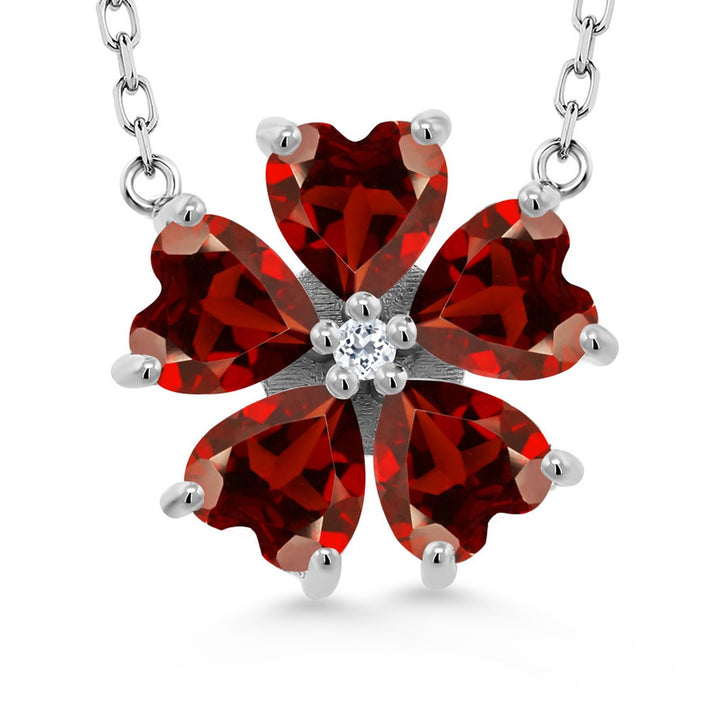 Gemstone Birthstone and White Topaz Flower Pendant Necklace for Women | 925 Sterling Silver | Heart Shape 6MM Petals and Round 2MM Center | With 18 Inch Chain | Fine Jewelry for Her Mom Wife