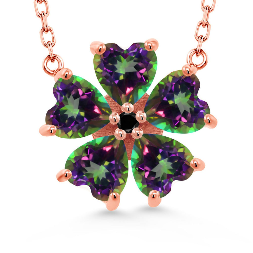 Gem Stone King 925 Sterling Silver Gemstone Birthstone and Black Diamond Flower Pendant Necklace for Women | Heart Shape 6MM Petals and Round 2MM Center | With 18 Inch Chain | Fine Jewelry for Her Mom Wife