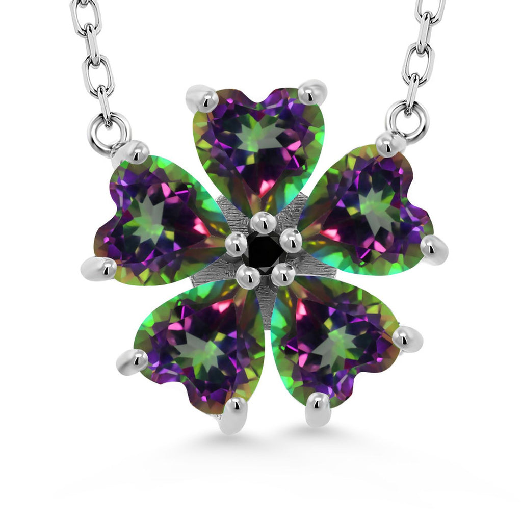 Gem Stone King 925 Sterling Silver Gemstone Birthstone and Black Diamond Flower Pendant Necklace for Women | Heart Shape 6MM Petals and Round 2MM Center | With 18 Inch Chain | Fine Jewelry for Her Mom Wife