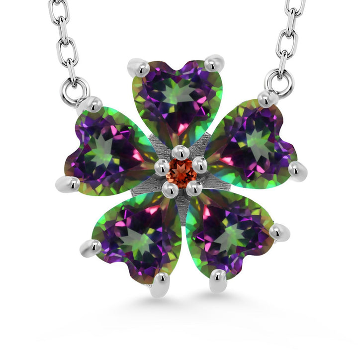 Gem Stone King 925 Sterling Silver Gemstone Birthstone and Garnet Flower Pendant Necklace for Women | Heart Shape 6MM Petals and Round 2MM Center | With 18 Inch Chain | Fine Jewelry for Her Mom Wife