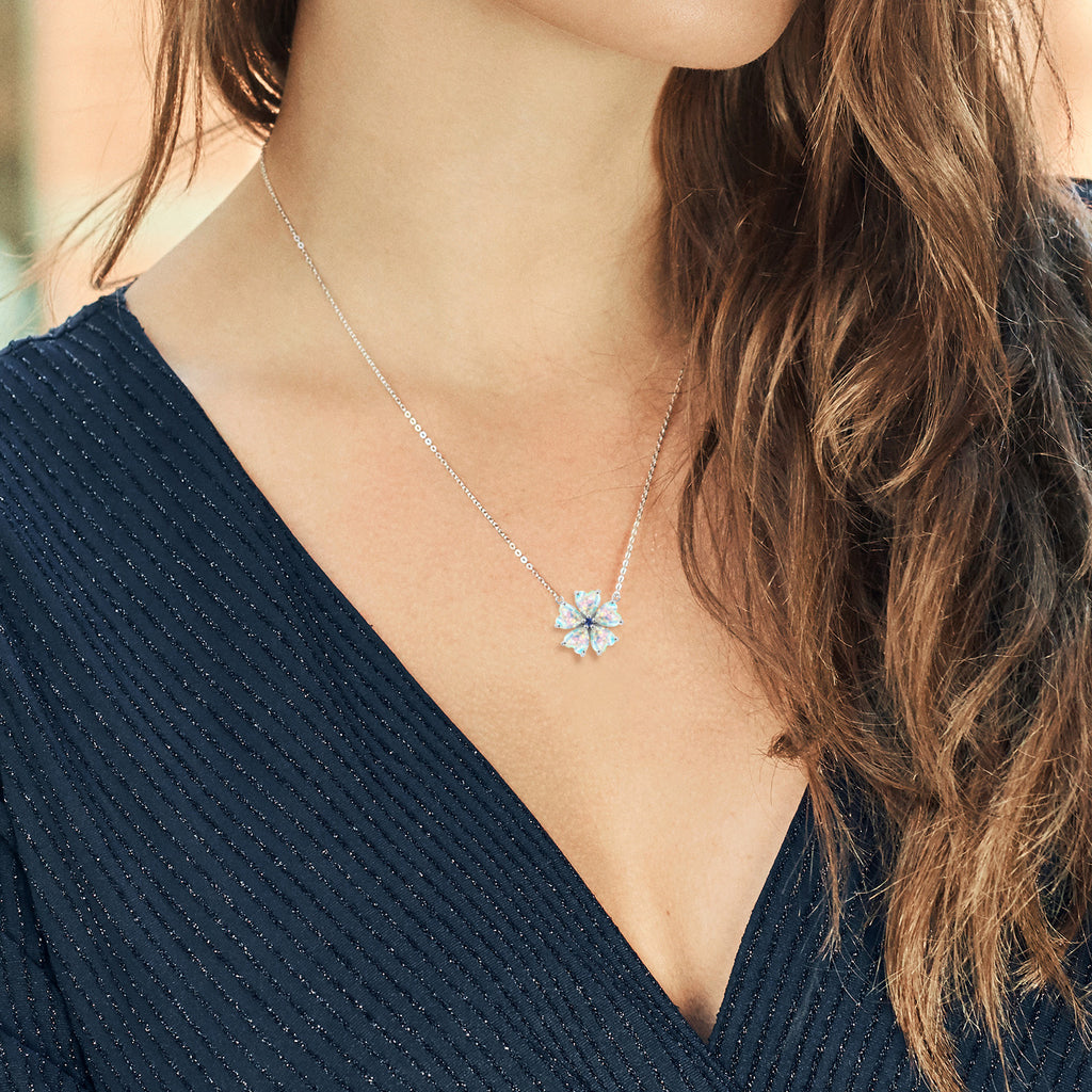 Opal and Created Sapphire_925 Sterling Silver_Necklace in 925 Sterling Silver