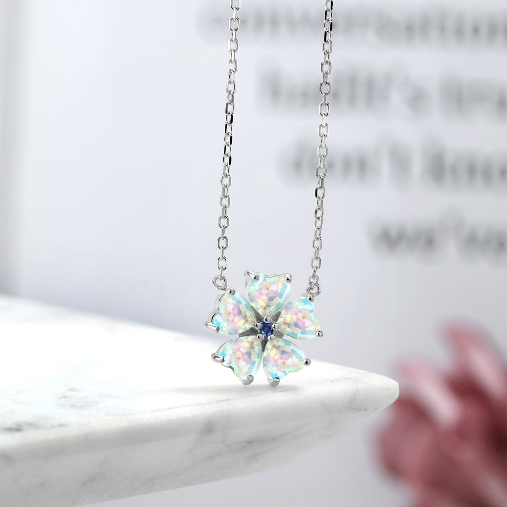 Opal and Created Sapphire_925 Sterling Silver_Necklace in 925 Sterling Silver