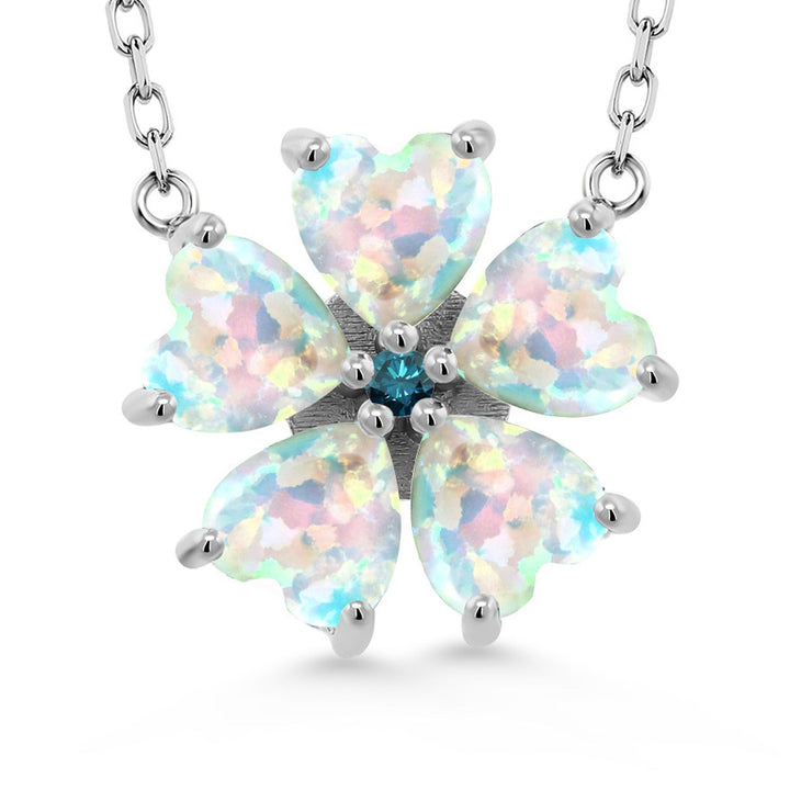 Gem Stone King 925 Sterling Silver Gemstone Birthstone and Blue Diamond Flower Pendant Necklace for Women | Heart Shape 6MM Petals and Round 2MM Center | With 18 Inch Chain | Fine Jewelry for Her Mom Wife