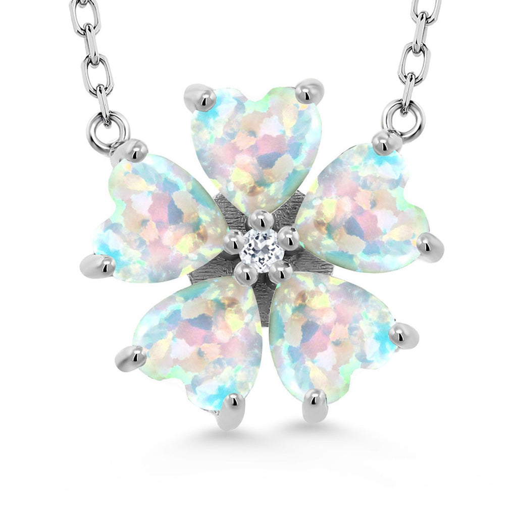 Gemstone Birthstone and White Topaz Flower Pendant Necklace for Women | 925 Sterling Silver | Heart Shape 6MM Petals and Round 2MM Center | With 18 Inch Chain | Fine Jewelry for Her Mom Wife