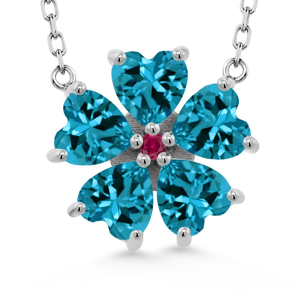 Gem Stone King 925 Sterling Silver Gemstone Birthstone and Created Ruby Flower Pendant Necklace for Women | Heart Shape 6MM Petals and Round 2MM Center | With 18 Inch Chain | Fine Jewelry for Her Mom Wife