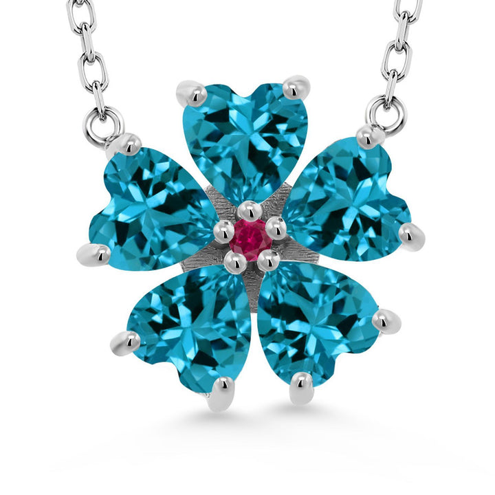 Gem Stone King 925 Sterling Silver Gemstone Birthstone and Created Ruby Flower Pendant Necklace for Women | Heart Shape 6MM Petals and Round 2MM Center | With 18 Inch Chain | Fine Jewelry for Her Mom Wife