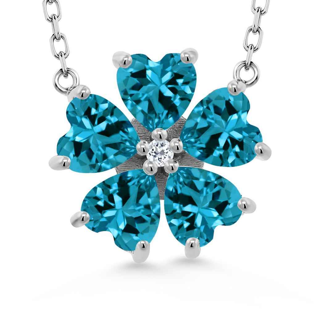 Gem Stone King Gemstone Birthstone and White Topaz Flower Pendant Necklace for Women | 925 Sterling Silver | Heart Shape 6MM Petals and Round 2MM Center | With 18 Inch Chain | Fine Jewelry for Her Mom Wife