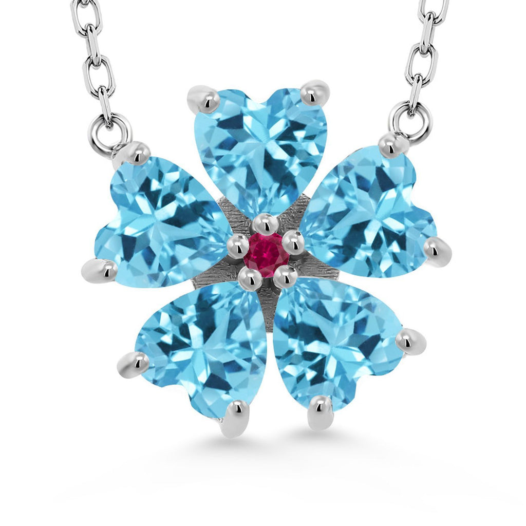 Gem Stone King 925 Sterling Silver Gemstone Birthstone and Created Ruby Flower Pendant Necklace for Women | Heart Shape 6MM Petals and Round 2MM Center | With 18 Inch Chain | Fine Jewelry for Her Mom Wife