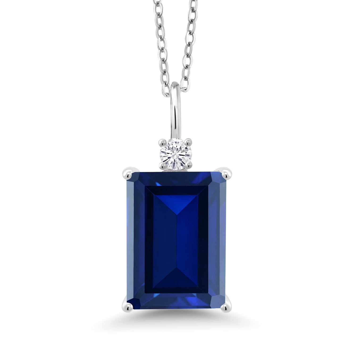 925 Sterling Silver Blue Created Sapphire and Moissanite Pendant Necklace For Women (10.10 Cttw, Emerald Cut 14X10MM, with 18 Inch Silver Chain)