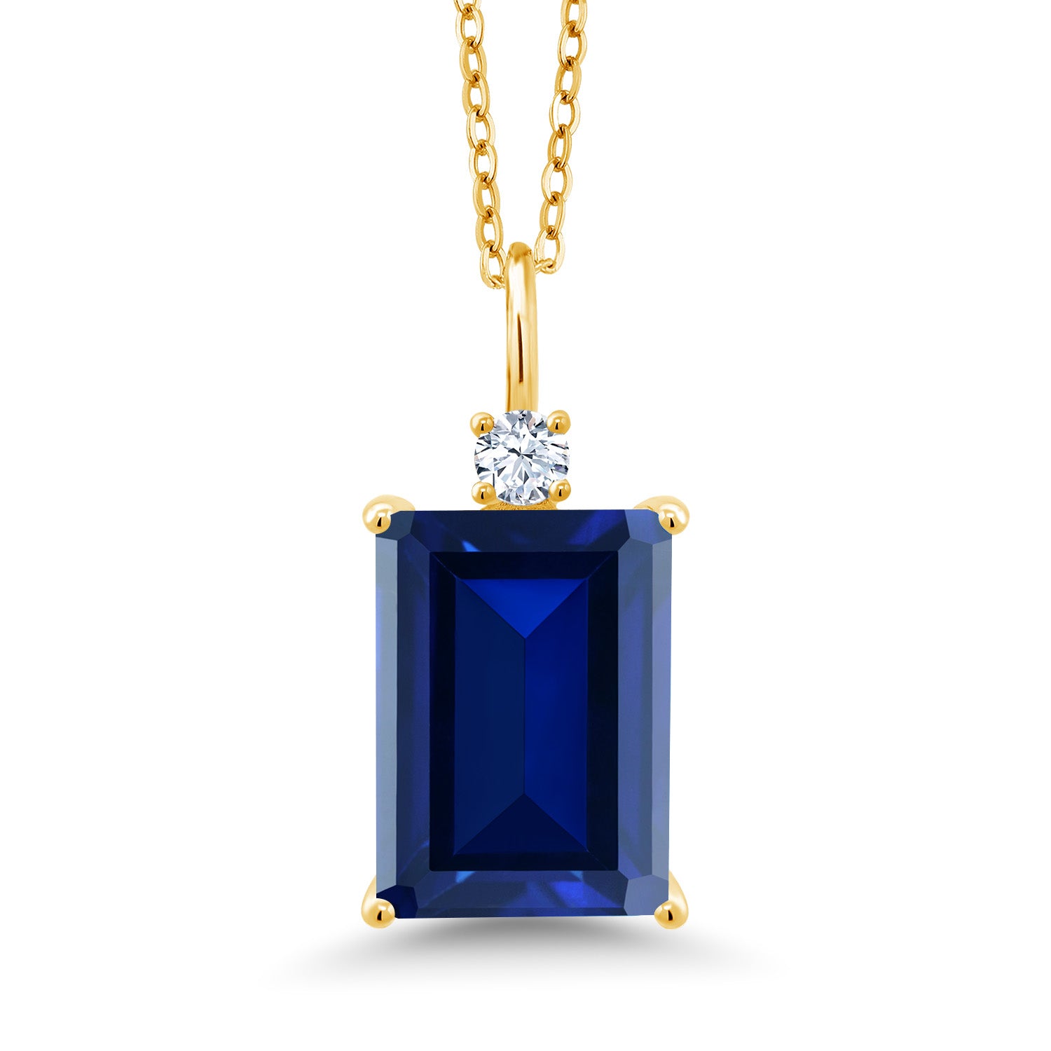 18K Yellow Gold Plated Silver Blue Created Sapphire Pendant Necklace For Women (10.11 Cttw, Emerald Cut 14X10MM, with 18 Inch Chain)