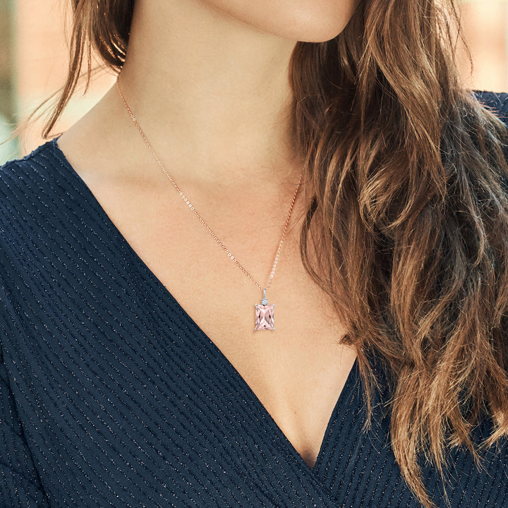 18K Rose Gold Plated Silver Octagon Peach Simulated Morganite Pendant Necklace For Women (6.41 Cttw with 18 Inch Silver Chain)