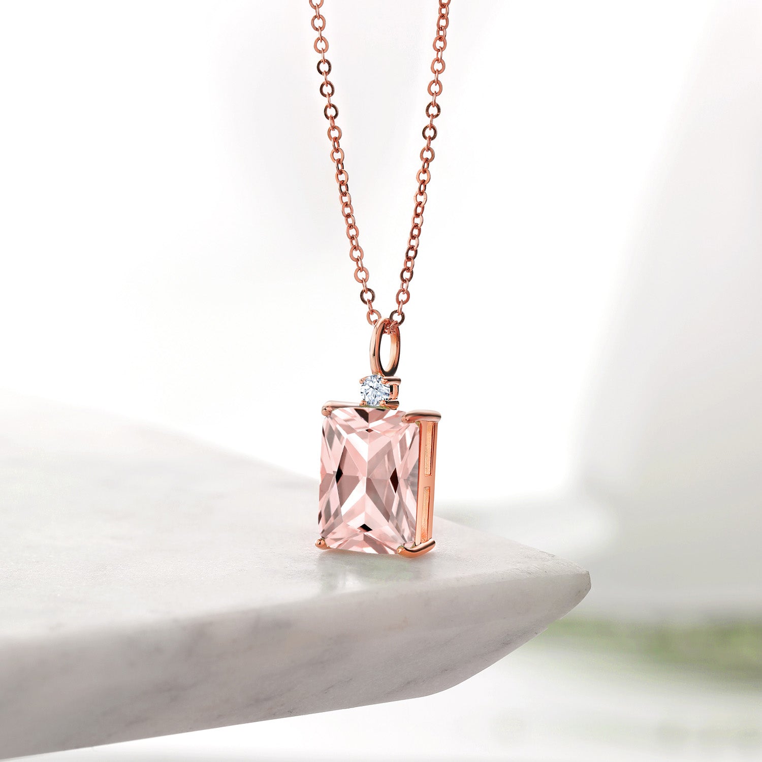 18K Rose Gold Plated Silver Octagon Peach Simulated Morganite Pendant Necklace For Women (6.41 Cttw with 18 Inch Silver Chain)