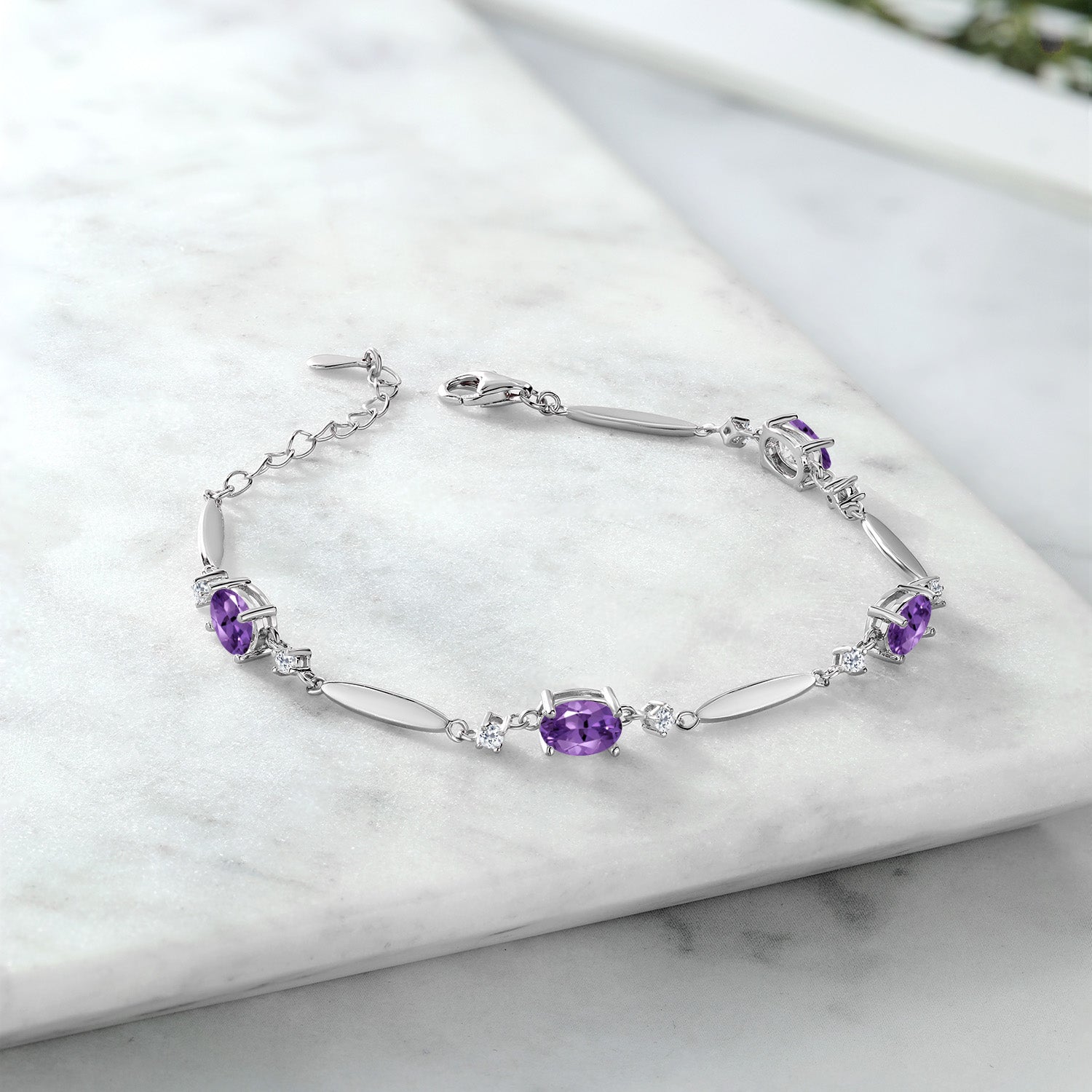 3.32 Cttw Purple Amethyst and White Topaz Tennis Bracelet For Women In 925 Sterling Silver | Gemstone February Birthstone | Oval 7X5MM | 6 Inch + 1 Inch Extender