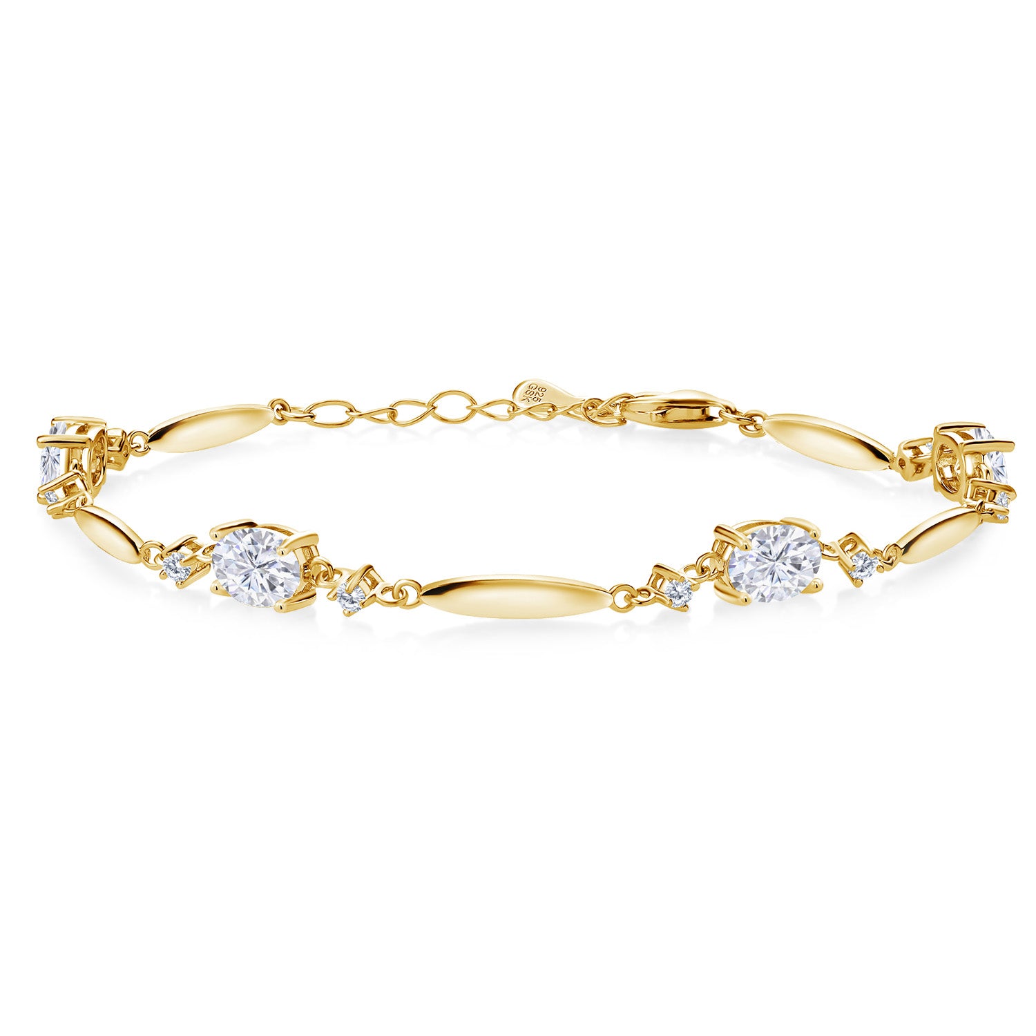 18K Yellow Gold Plated Silver White Moissanite and White Lab Grown Diamond Tennis Bracelet For Women | 3.90 Cttw | Gemstone | Oval 7X5MM | 6 Inch + 1 Inch Extender