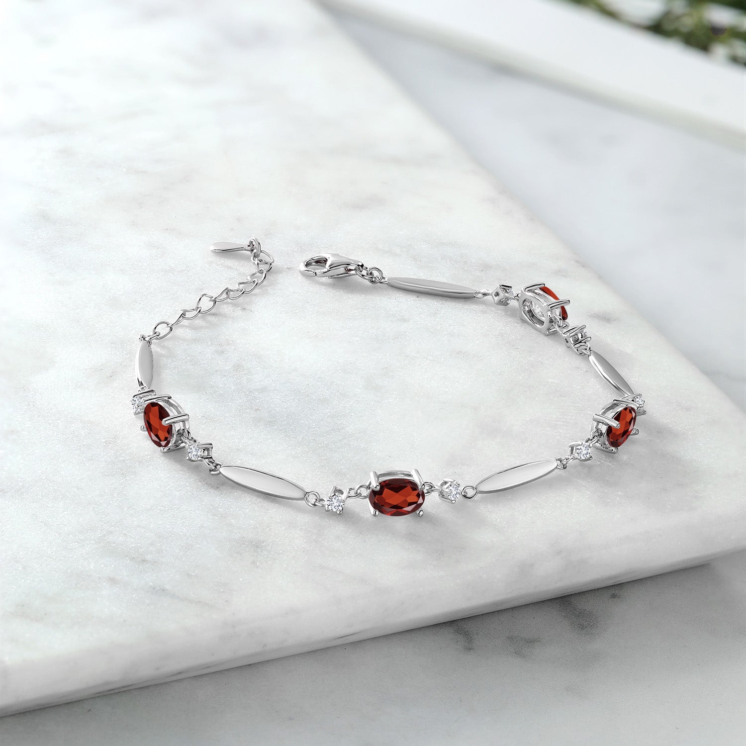 925 Sterling Silver Red Garnet and White Lab Grown Diamond Tennis Bracelet For Women | 3.78 Cttw | Gemstone January Birthstone | Oval 7X5MM | 6 Inch + 1 Inch Extender