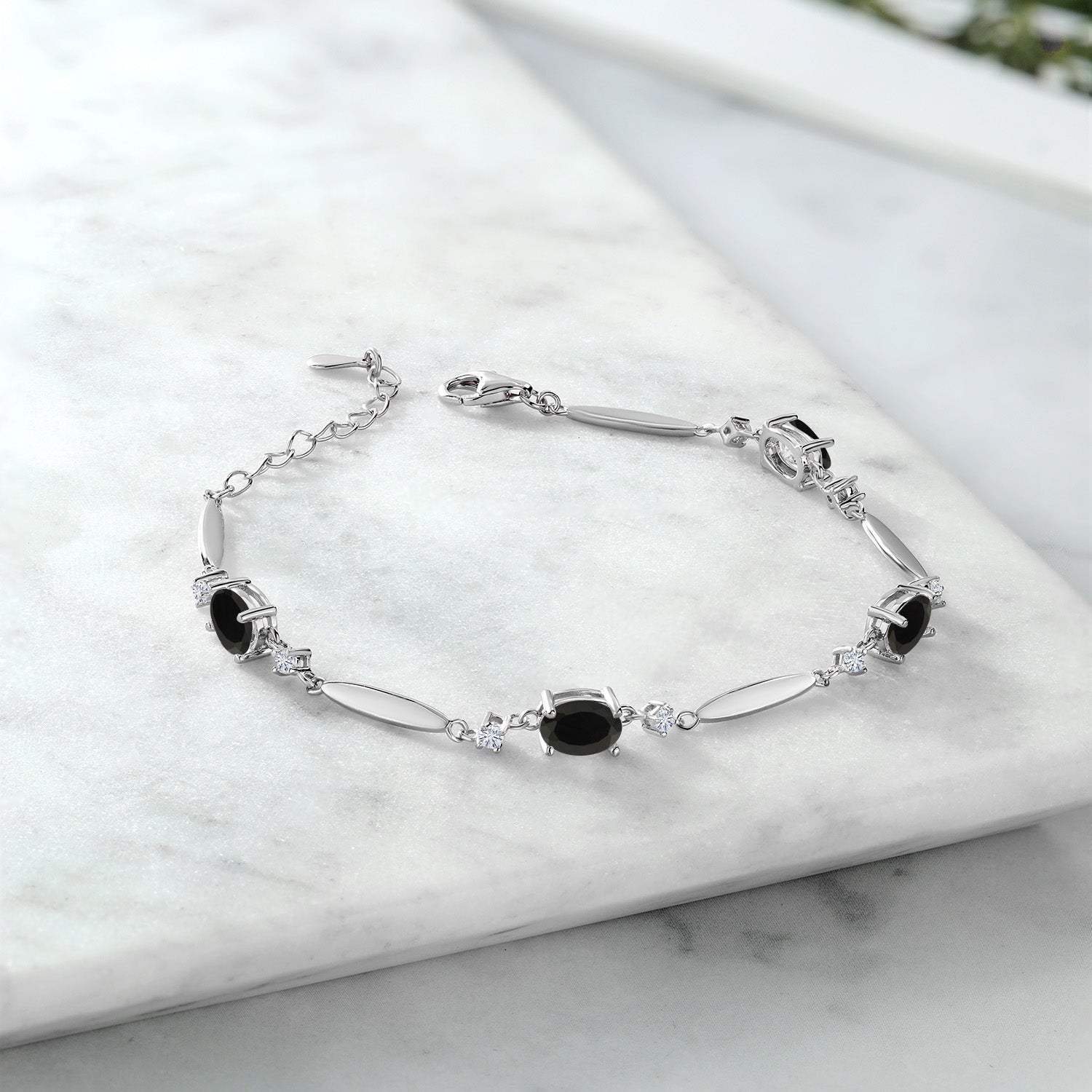 3.10 Cttw Black Onyx and White Moissanite Tennis Bracelet For Women In 925 Sterling Silver | Gemstone December Birthstone | Oval 7X5MM | 6 Inch + 1 Inch Extender