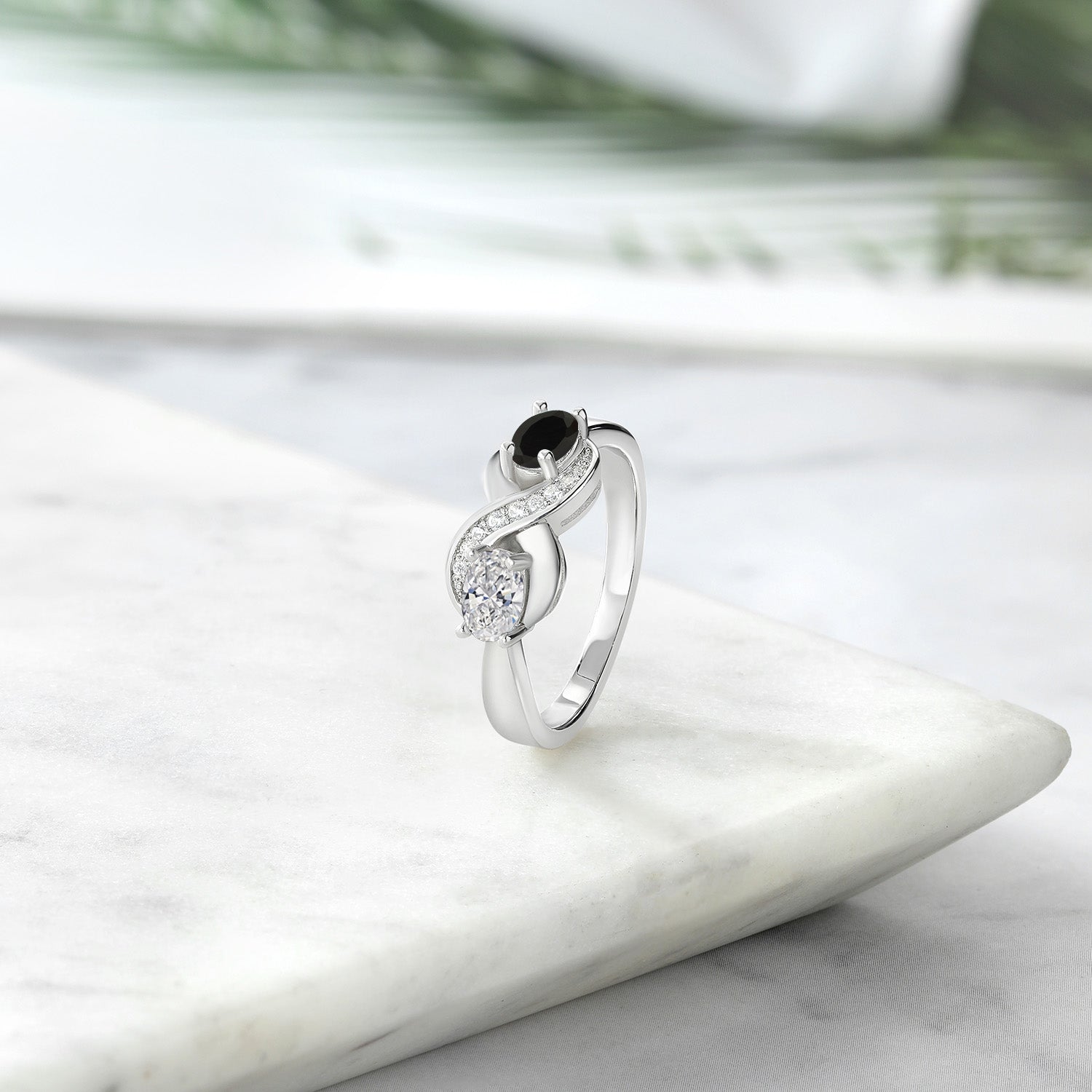 925 Sterling Silver Lab Grown Diamond, Black Onyx & White Created Sapphire Statement Ring For Women | 0.99 Cttw | Oval 6X4MM | Gemstone April Birthstone | Available in Size 5,6,7,8,9