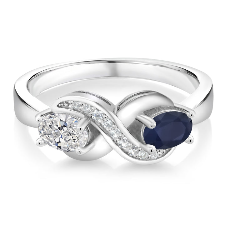 925 Sterling Silver Lab Grown Diamond, Blue Sapphire & White Created Sapphire Statement Ring For Women | 1.15 Cttw | Oval 6X4MM | Gemstone April Birthstone | Available in Size 5,6,7,8,9