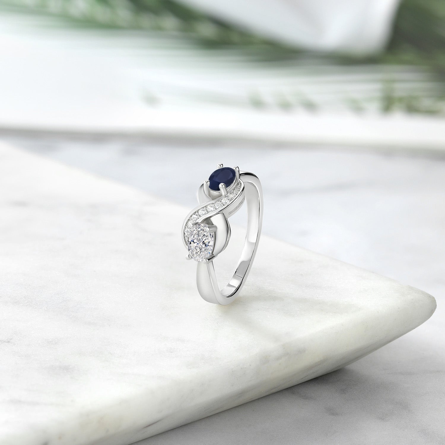 925 Sterling Silver Lab Grown Diamond, Blue Sapphire & White Created Sapphire Statement Ring For Women | 1.15 Cttw | Oval 6X4MM | Gemstone April Birthstone | Available in Size 5,6,7,8,9