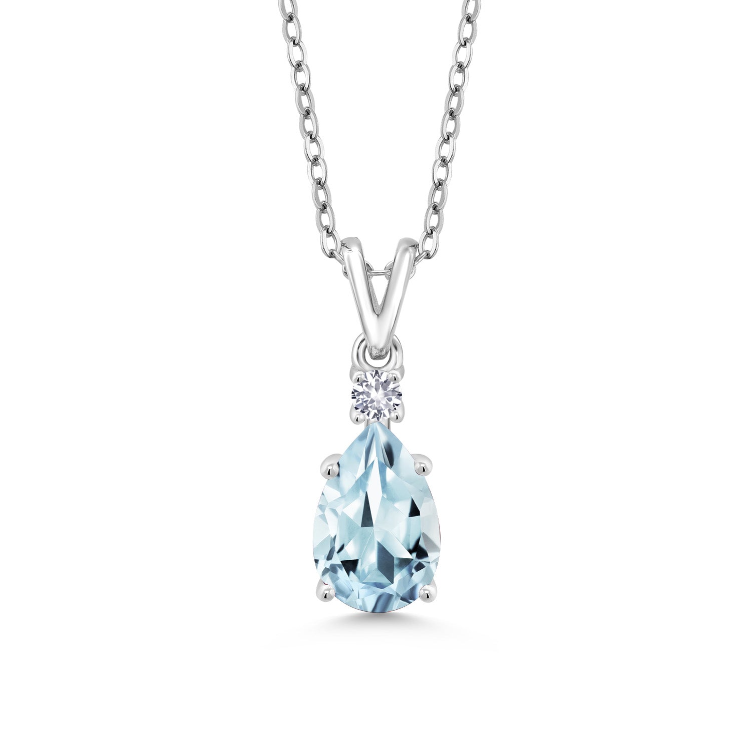 925 Sterling Silver Sky Blue Aquamarine and White Created Sapphire Pendant Necklace For Women (1.21 Cttw, Gemstone March Birthstone, Pear Shape 9X6MM, with 18 inch Chain)