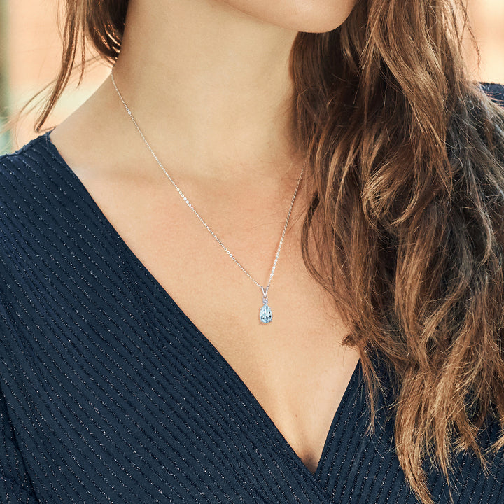 925 Sterling Silver Sky Blue Aquamarine and White Created Sapphire Pendant Necklace For Women (1.21 Cttw, Gemstone March Birthstone, Pear Shape 9X6MM, with 18 inch Chain)