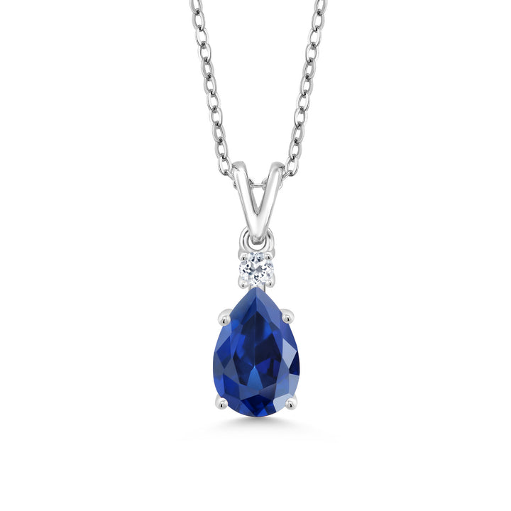 925 Sterling Silver Blue Created Sapphire and White Topaz Pendant Necklace For Women (1.09 Cttw, Gemstone September Birthstone, Pear Shape 9X6MM, with 18 inch Chain)