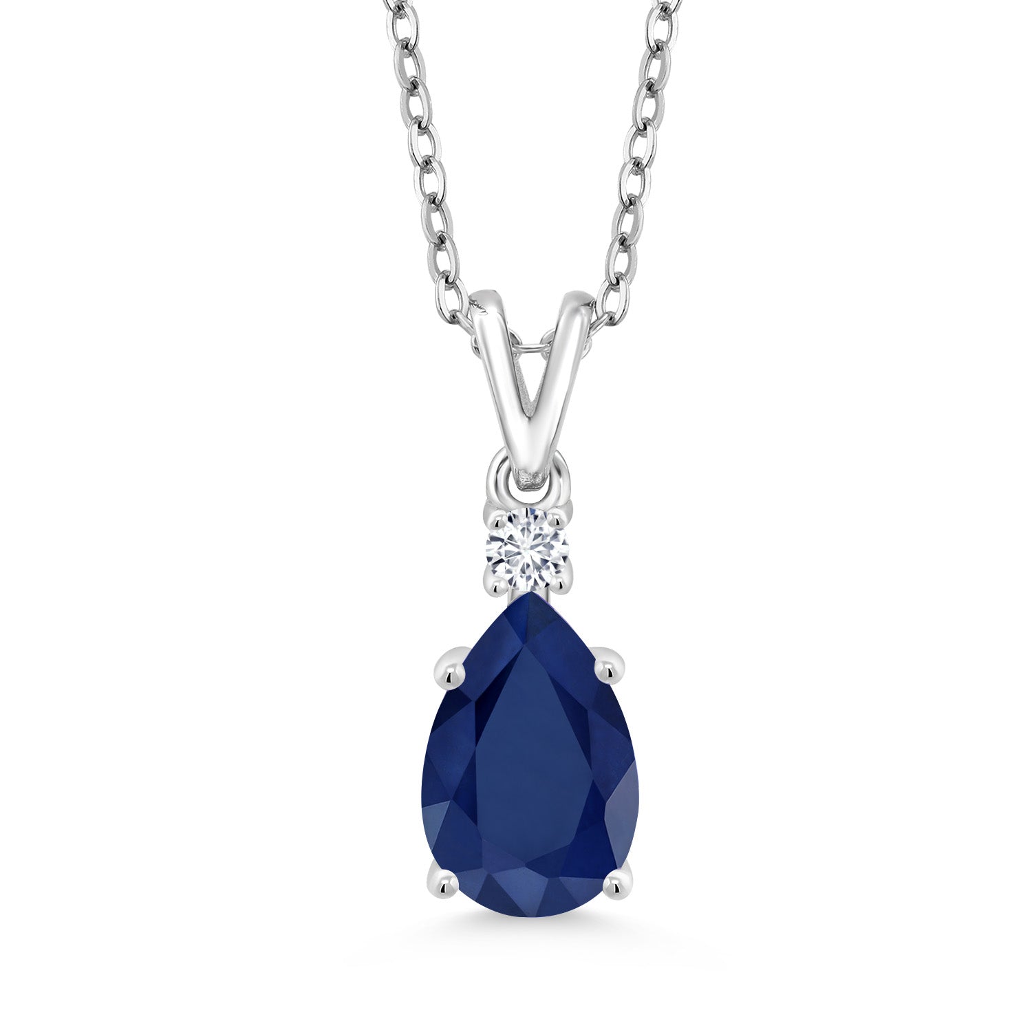 925 Sterling Silver Blue Sapphire and White Lab Grown Diamond Pendant Necklace For Women (2.23 Cttw, Pear Shape 10X7MM, with 18 Inch Chain)