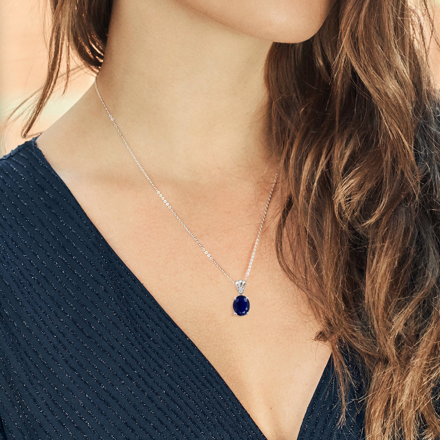 925 Sterling Silver Blue Sapphire and Moissanite Pendant Necklace For Women (4.54 Cttw, Oval 11X9MM with 18 Inch Silver Chain)