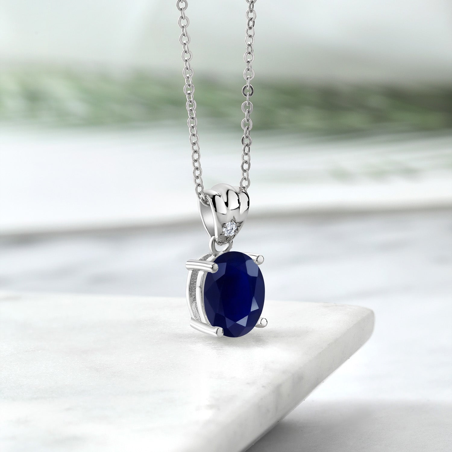 925 Sterling Silver Blue Sapphire and Moissanite Pendant Necklace For Women (4.54 Cttw, Oval 11X9MM with 18 Inch Silver Chain)