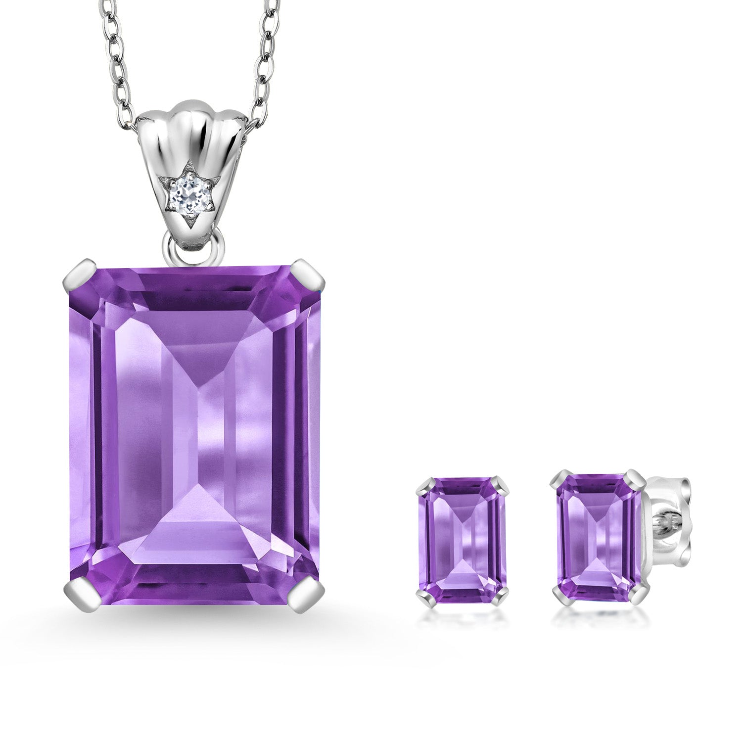 925 Sterling Silver Purple Amethyst and White Topaz Pendant and Earrings Jewelry Set For Women (16.07 Cttw, Gemstone February Birthstone, Emerald Cut 18X13MM and 6X4MM, with 18 Inch Chain)