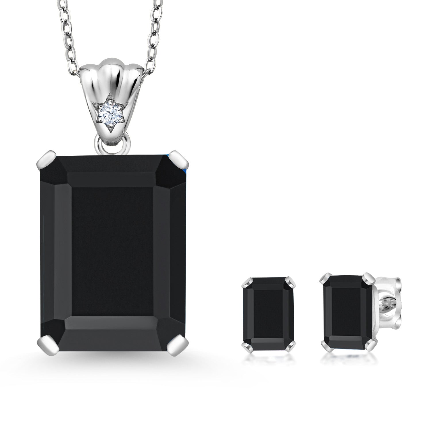 925 Sterling Silver Black Onyx Pendant and Earrings Jewelry Set For Women (16.25 Cttw, Gemstone December Birthstone, Emerald Cut 18X13MM and 6X4MM, with 18 Inch Chain)