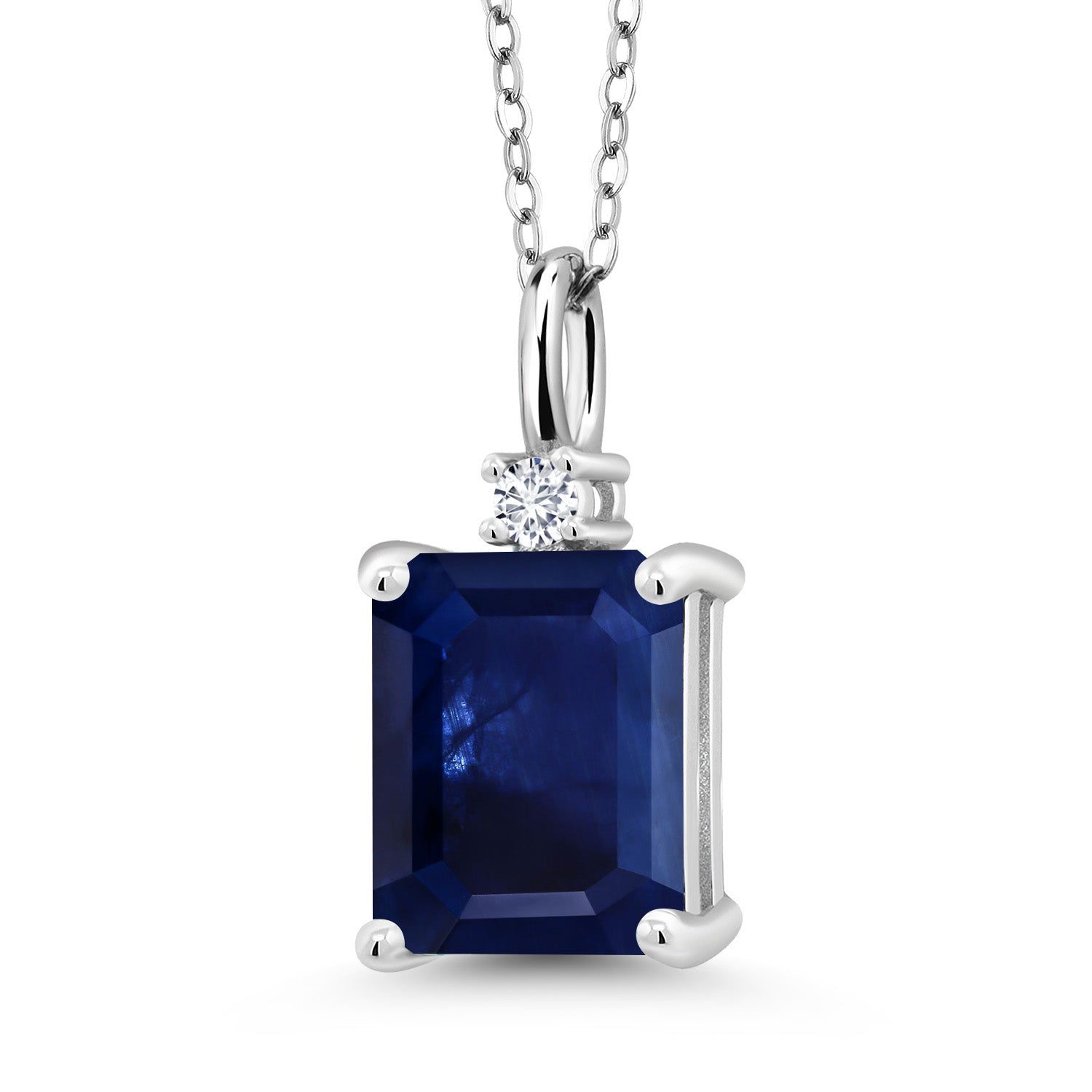 925 Silver Blue Sapphire and White Lab Grown Diamond Pendant Necklace For Women (3.49 Cttw, Gemstone September Birthstone, Emerald Cut 10X8MM with 18 Inch Silver Chain)