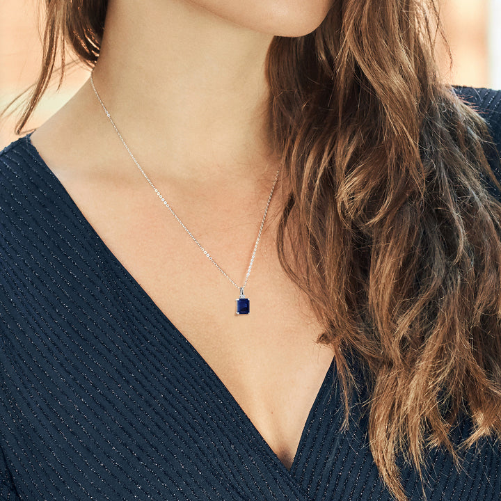 925 Silver Blue Sapphire and White Lab Grown Diamond Pendant Necklace For Women (3.49 Cttw, Gemstone September Birthstone, Emerald Cut 10X8MM with 18 Inch Silver Chain)