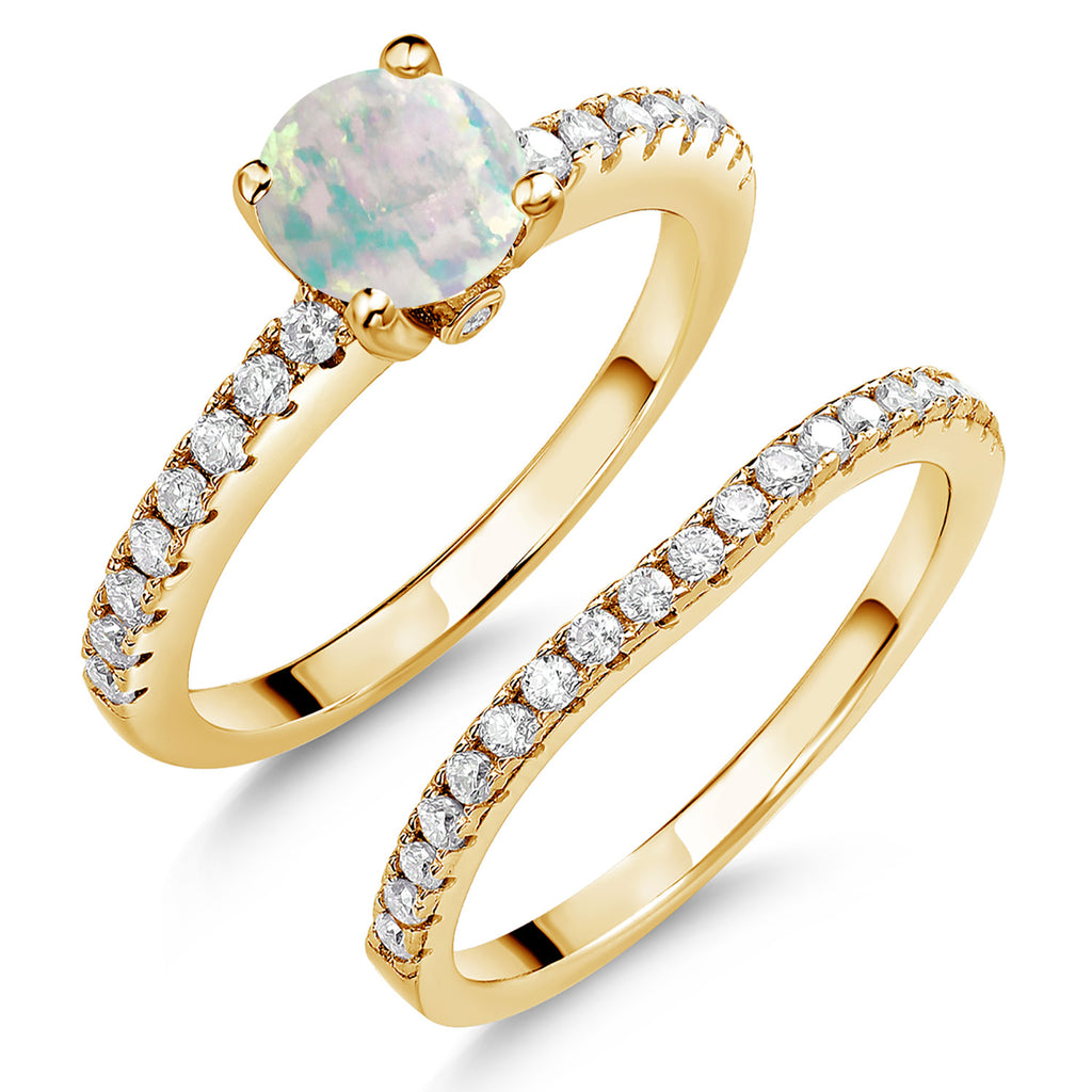 White Opal-Cabochon - October_7_Ring in 925 Yellow Gold Plated Silver
