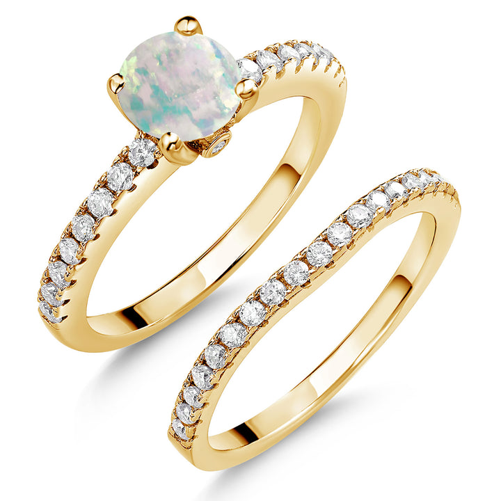 18K Yellow Gold Plated Silver Gemstone Birthstone and White Moissanite Wedding Engagement Band Bridal Set Ring for Women | Round 6MM and 1.3MM | Available in Size 5-9