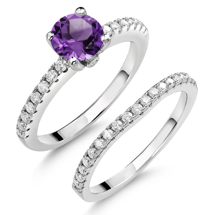 925 Sterling Silver Gemstone Birthstone and White Moissanite Wedding Engagement Band Bridal Set Ring for Women | Round 6MM and 1.3MM | Available in Size 5-9