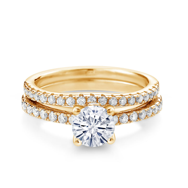18K Yellow Gold Plated Silver Gemstone Birthstone and White Moissanite Wedding Engagement Band Bridal Set Ring for Women | Round 6MM and 1.3MM | Available in Size 5-9