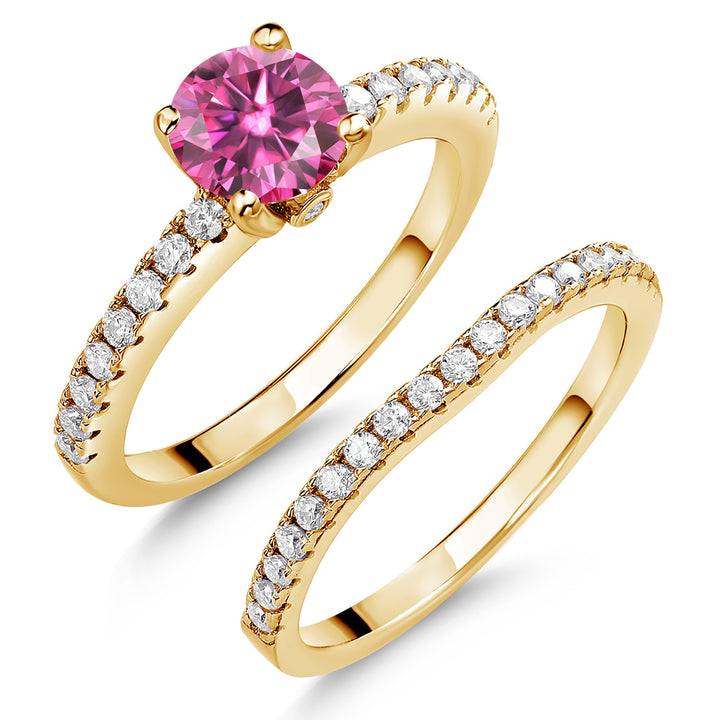 Gem Stone King 18K Yellow Gold Plated Silver Gemstone Birthstone and White Moissanite Wedding Engagement Band Bridal Set Ring for Women | Round 6MM and 1.3MM | Available in Size 5-9