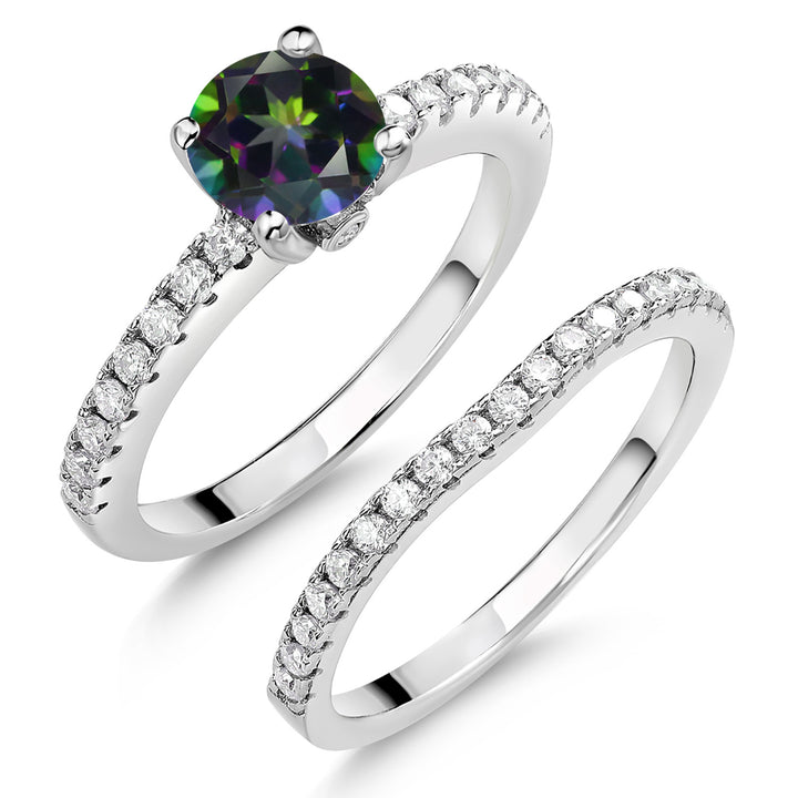 Gem Stone King 925 Sterling Silver Gemstone Birthstone and White Moissanite Wedding Engagement Band Bridal Set Ring for Women | Round 6MM and 1.3MM | Available in Size 5-9
