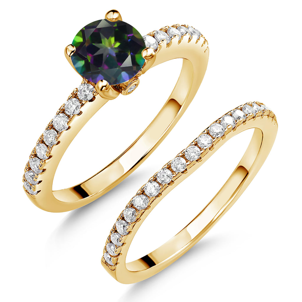Gem Stone King 18K Yellow Gold Plated Silver Gemstone Birthstone and White Moissanite Wedding Engagement Band Bridal Set Ring for Women | Round 6MM and 1.3MM | Available in Size 5-9