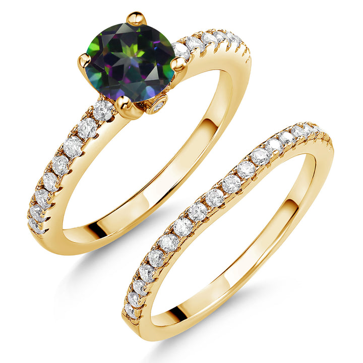 18K Yellow Gold Plated Silver Gemstone Birthstone and White Moissanite Wedding Engagement Band Bridal Set Ring for Women | Round 6MM and 1.3MM | Available in Size 5-9