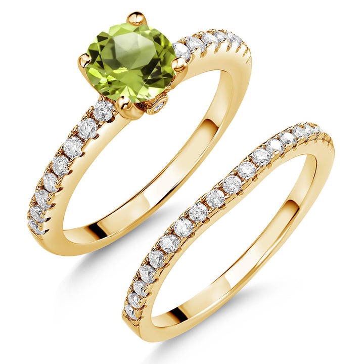 18K Yellow Gold Plated Silver Gemstone Birthstone and White Moissanite Wedding Engagement Band Bridal Set Ring for Women | Round 6MM and 1.3MM | Available in Size 5-9