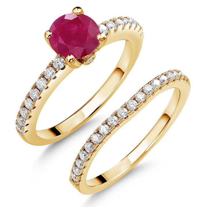 18K Yellow Gold Plated Silver Gemstone Birthstone and White Moissanite Wedding Engagement Band Bridal Set Ring for Women | Round 6MM and 1.3MM | Available in Size 5-9