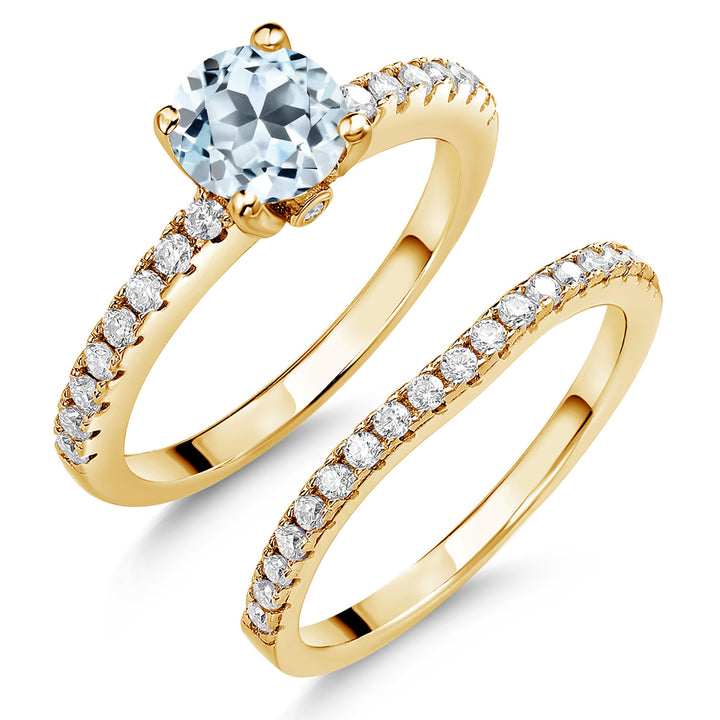 18K Yellow Gold Plated Silver Gemstone Birthstone and White Moissanite Wedding Engagement Band Bridal Set Ring for Women | Round 6MM and 1.3MM | Available in Size 5-9