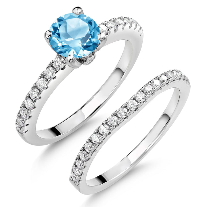 Gem Stone King 925 Sterling Silver Gemstone Birthstone and White Moissanite Wedding Engagement Band Bridal Set Ring for Women | Round 6MM and 1.3MM | Available in Size 5-9