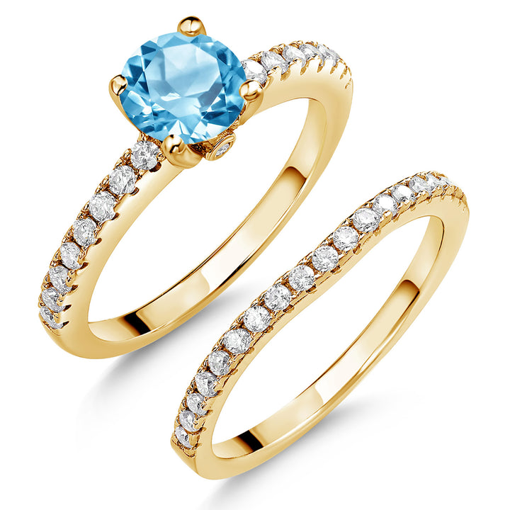 18K Yellow Gold Plated Silver Gemstone Birthstone and White Moissanite Wedding Engagement Band Bridal Set Ring for Women | Round 6MM and 1.3MM | Available in Size 5-9