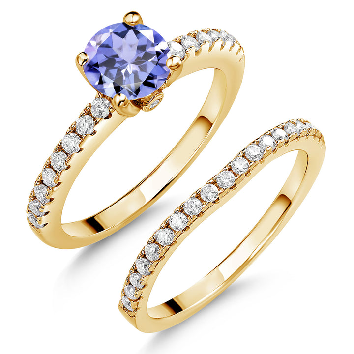 18K Yellow Gold Plated Silver Gemstone Birthstone and White Moissanite Wedding Engagement Band Bridal Set Ring for Women | Round 6MM and 1.3MM | Available in Size 5-9